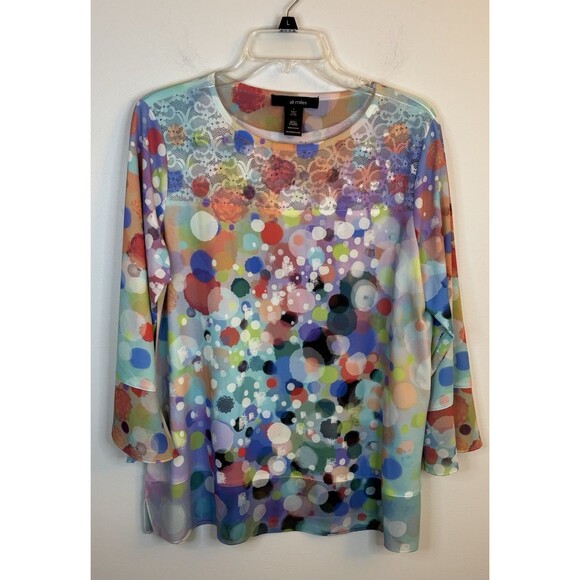 ALI MILES Colorful Polka Dot Blouse Women Large Bell Sleeve Sheer Tunic Top Art - Picture 1 of 11